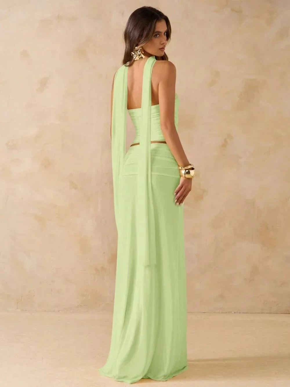Lime Green Elegant Women's Ruched Bandeau Top & Low Waist Ruched Maxi Skirt